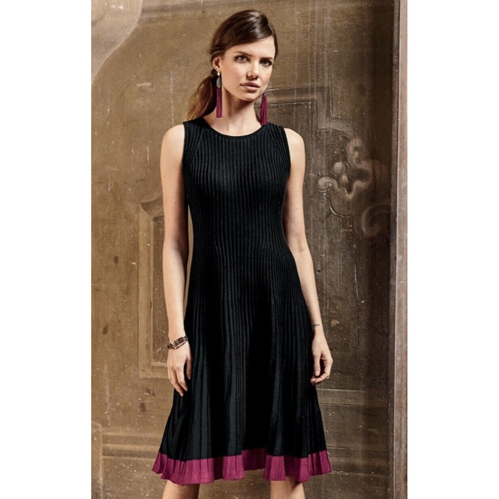 NWT Peruvian Connection Monaco Dress Black Magenta Ribbed Fit Flare Sleeveless M
